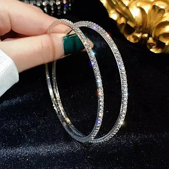 18K White GP Rhinestone Large Hoop Earrings