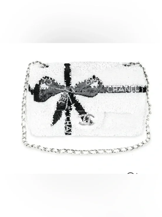 Chanel 24B Sequin Ribbon Bow Mini Rectangular Flap Bag White/Black