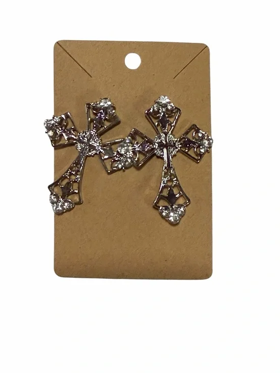 Rhinestone Cross Statement Earrings - Silver