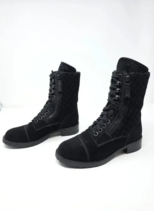 Chanel Ankle Quilted Suede Combat Boots Moto Lace Up CC Logo Black 37 US 6.5