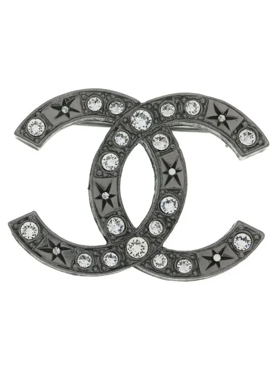 Chanel CC Logo Rhinestone Brooch Pin Badge Silver