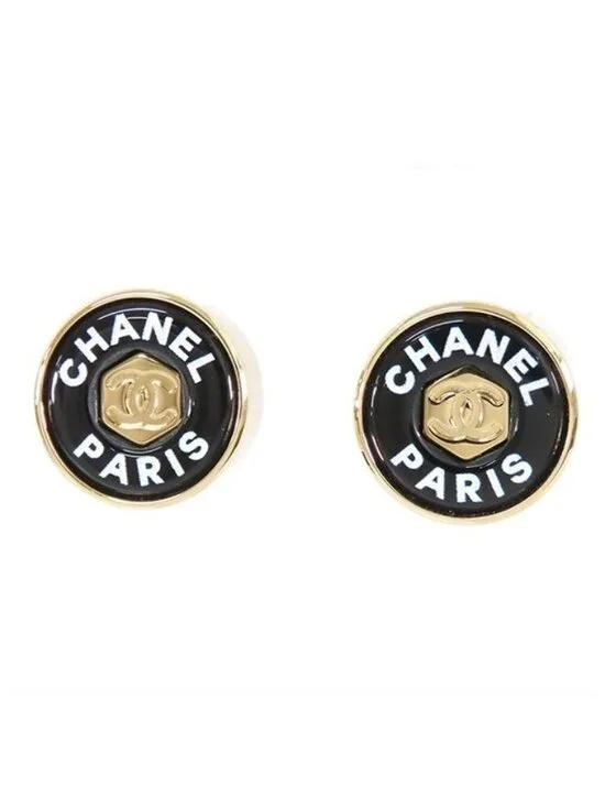 Chanel Earrings Gold Black Metal CC Logo 24c