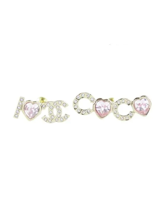 Chanel Earrings Gold Pink Metal Rhinestone I Love CC Logo