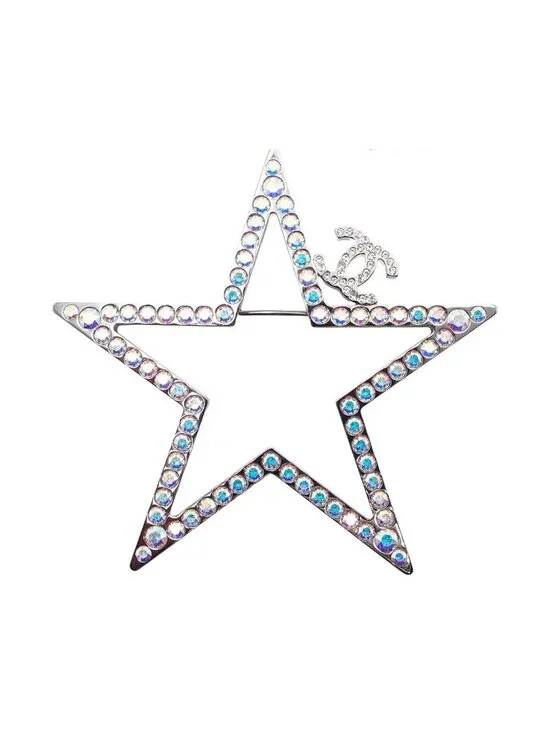 Chanel Brooch Silver Metal CC Logo Star Rhinestone Costume 17k