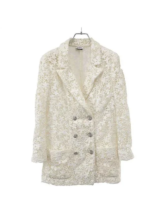 Chanel CC Logo Button All Lace Double Breasted Jacket White 36