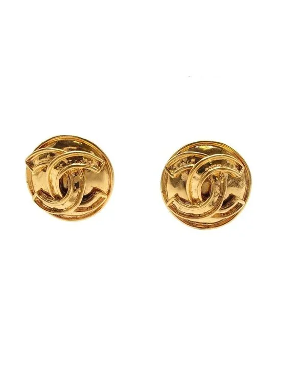 Chanel Earrings Gold Metal Round CC Logo Vintage Costume