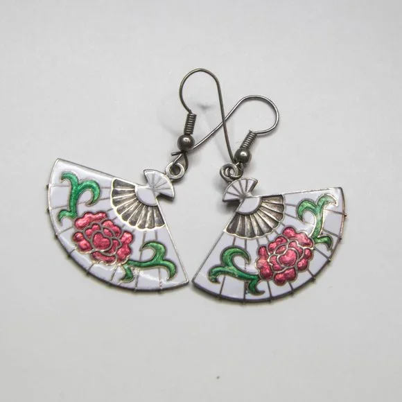 Vintage Cloisonné Floral Fan Silver Tone Earrings