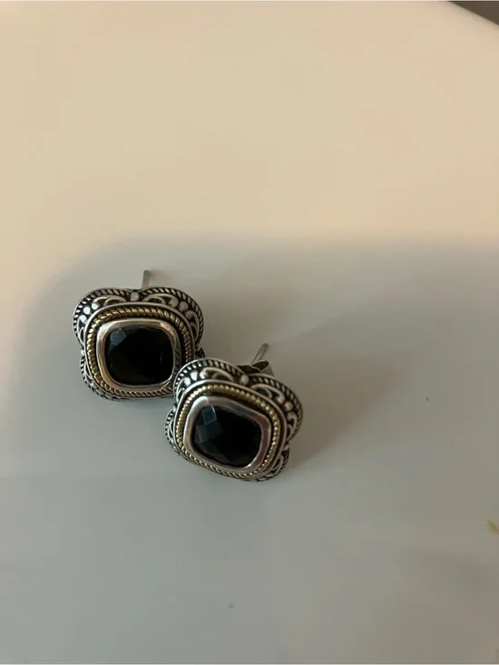 Sterling gold post black stone earrings