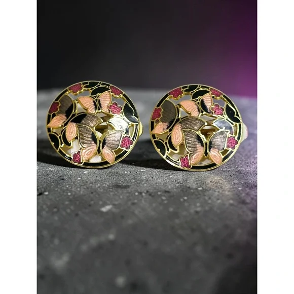 Vintage Enamel Cloisonne Butterfly Clip On Earrings Gold Tone Colorful