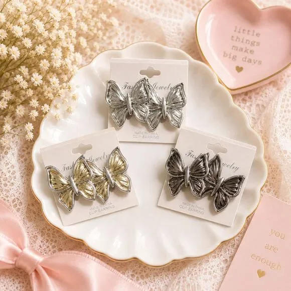 Butterfly Clip On Earrings Lot of 3, Gold Silver Tone, Statement Y2K Jewelry