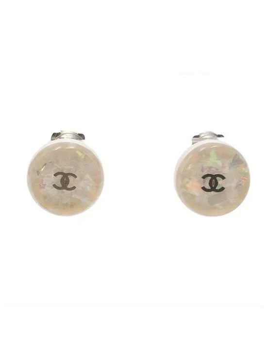 Chanel Round White Plastic CC Logo Costume Earrings