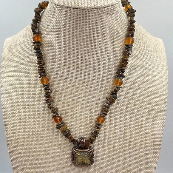 Vintage Earthy Tiger's Eye Chip‎ Necklace Bronze Square Pendant Boho Statement