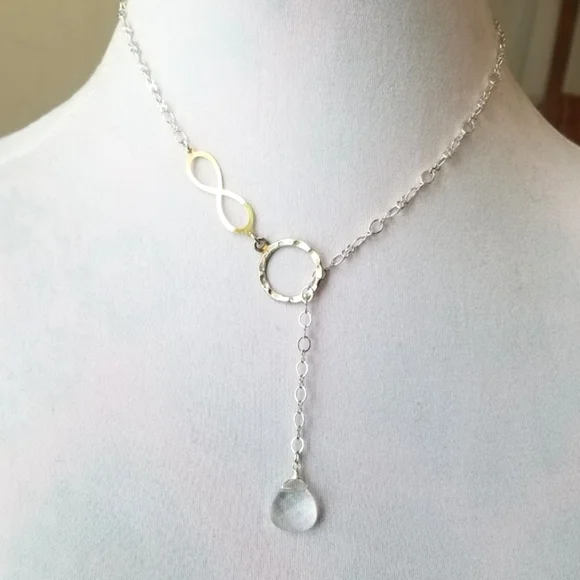 Infinity symbol necklace thread through clear briolette silver gold tone