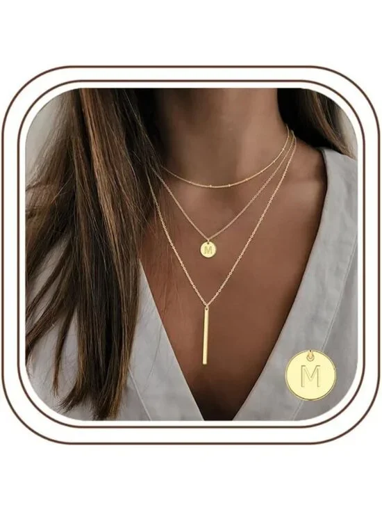 Layered Initial Necklaces for Women | 14K Gold-Plated Coin & Bar Y-Necklace