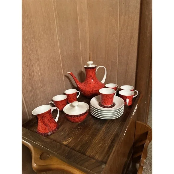 Vintage Block Bidasoa Flamenco Black Red Tea Coffee Demitasse Set Spain 17 Piece