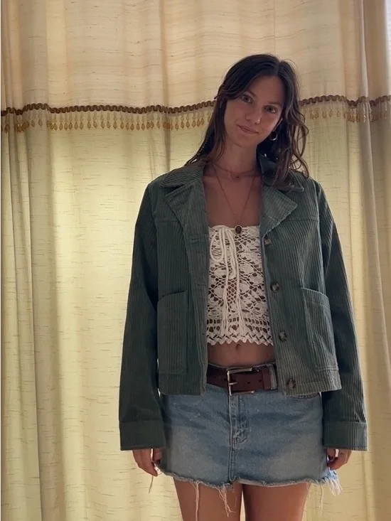 Free People Olive Green Corduroy Cropped Jacket