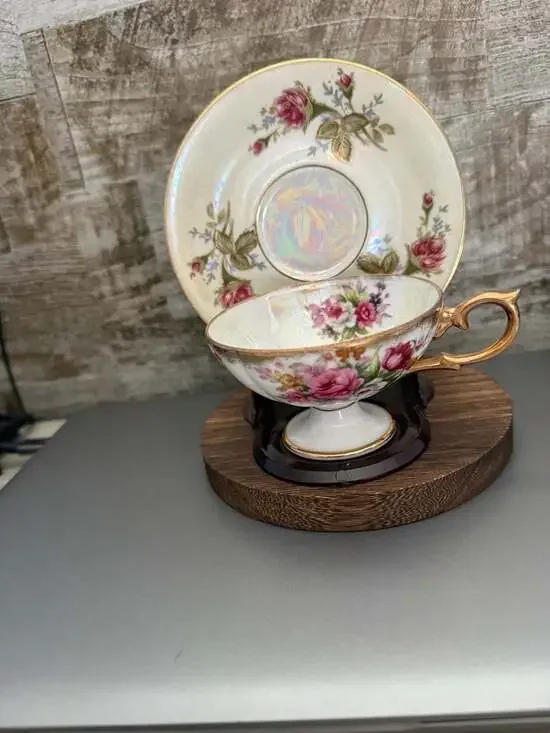 VTG Hand-Painted Footed Teacup and Saucer Set with Roses and Lusterware Finish