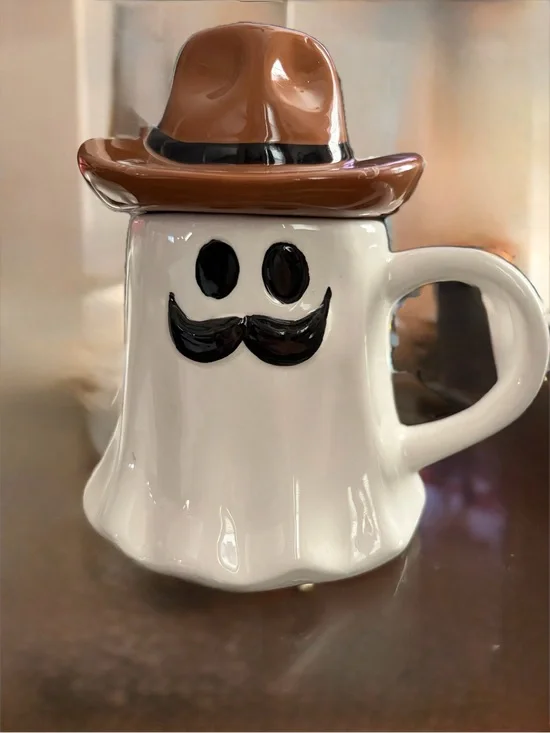 Western Mug Ghost Mug with Brown Hat and Mustache Halloween Western Mug