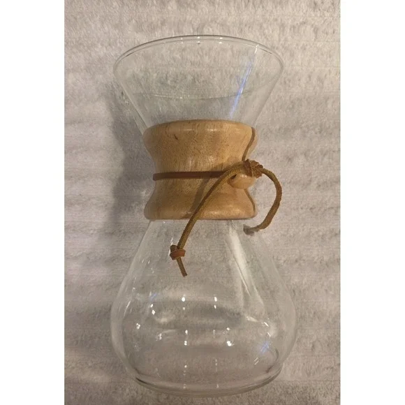 Vtg MCM Chemex Pyrex Glass Pour Over Coffee Maker /Wooden Collar, Filters, 9 in