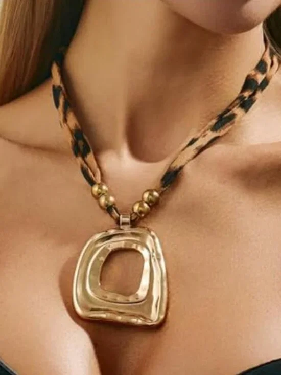 Leopard Scarf Necklace Gold Plated Square Pendant Boho Choker for Women