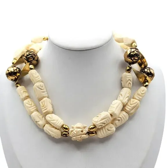 Acrylic Carved‎ Off White Beaded Choker Necklace Brass Tribal Boho Ethnic Rose