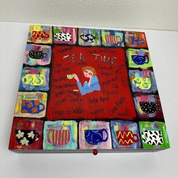 Wooden Tea bag Box Storage Organizer Hand Painted 