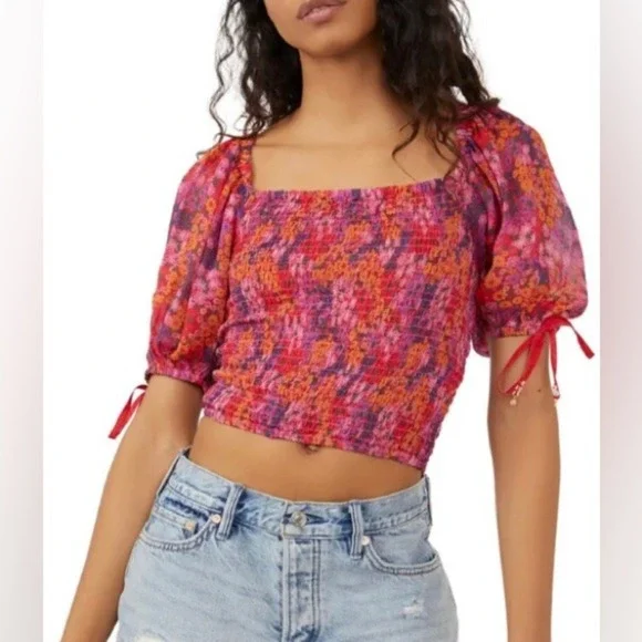 Free People Women's XS Back On Top Smocked‎ Blouse Bohemian NEW