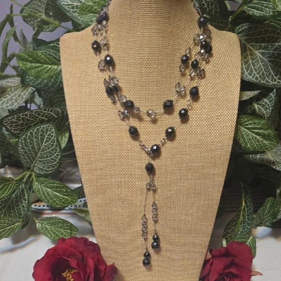 Black & Smoky/Clear Faceted Beads On Wire Convertible Necklace Belt Lariat