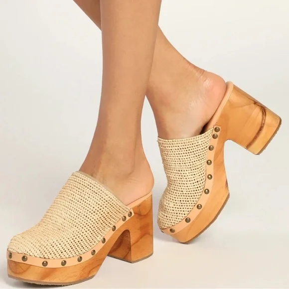 Free People Cream Tan Clog Mules with Wooden Soles