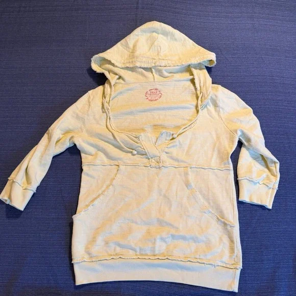 Free People Women Yellow Raw Edge V-Neck French Terry Hoodie Pullover Size M