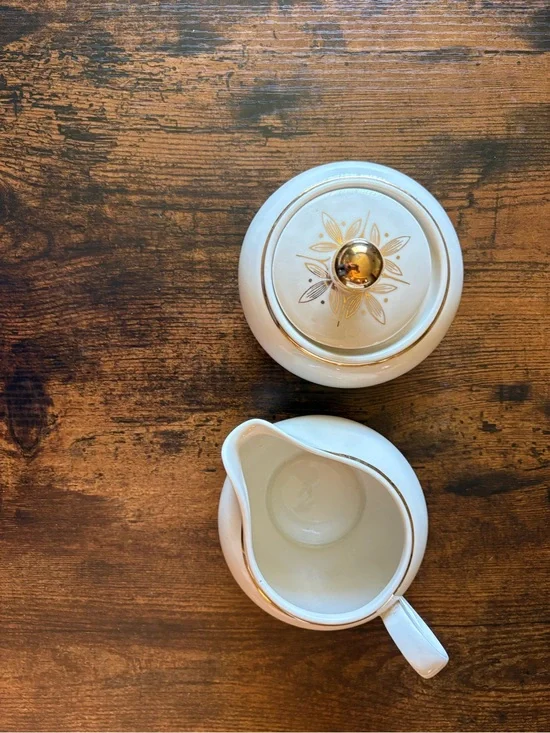 White Ceramic Creamer and Sugar Set with Gold Trim