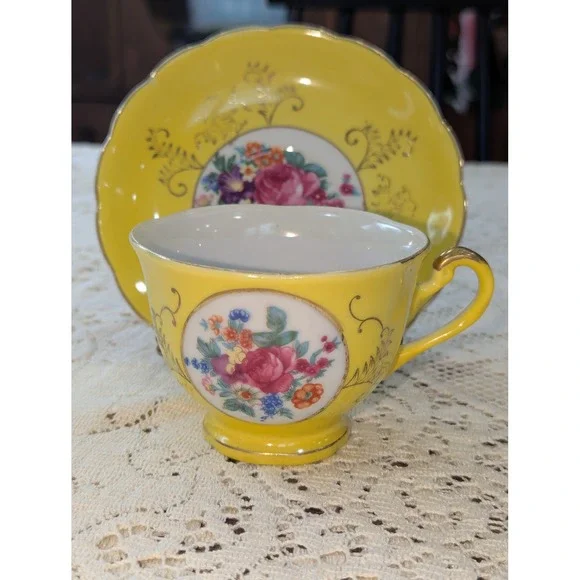 Vintage Tea Cup and Saucer Set OS Yellow Floral Gold Gilt Japan Porcelain