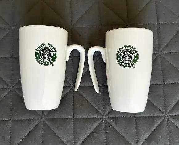 Starbucks Mermaid Logo White Coffee Cups 2007 Open Handle 9oz set of 2