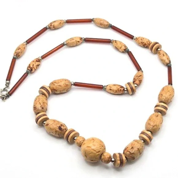 70s Faux Wood Beaded Vintage Statement Necklace 28