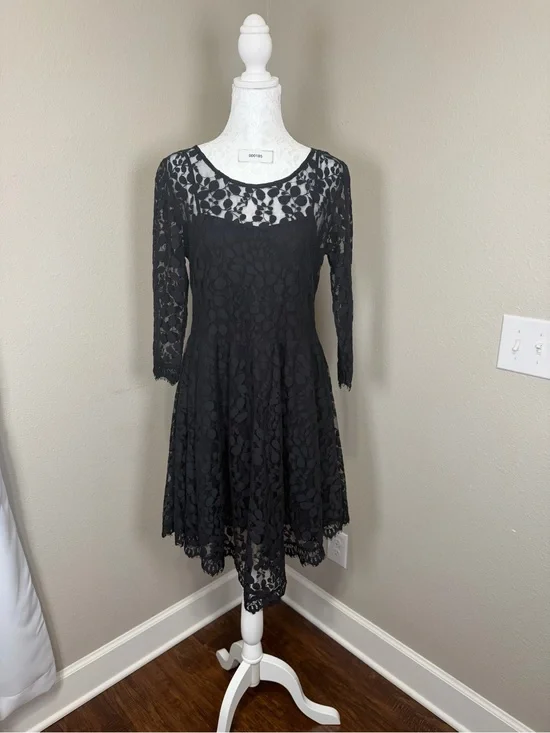 Free People Women’s Size 12 Black Lace Fit & Flare Dress Sheer 3/4 Sleeve Boho