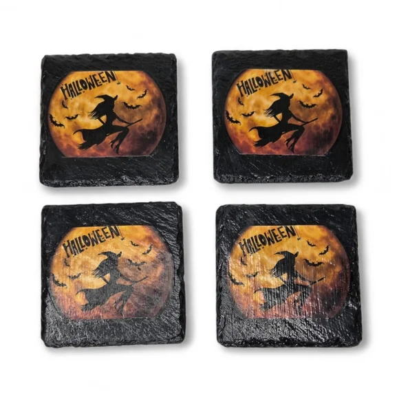 Halloween Whimsigoth‎ Witch Slate Coasters Black and Orange Flying On Broom