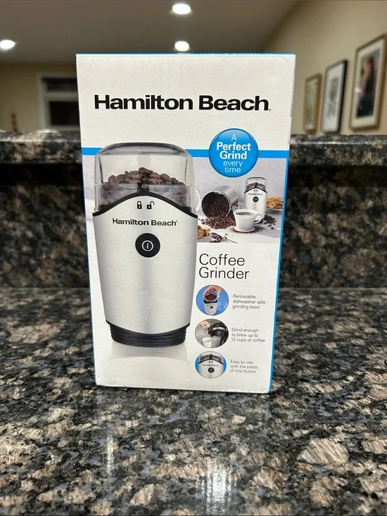 NWT Hamilton Beach Silver and Black Coffee Grinder - One-Touch Electric Grinder