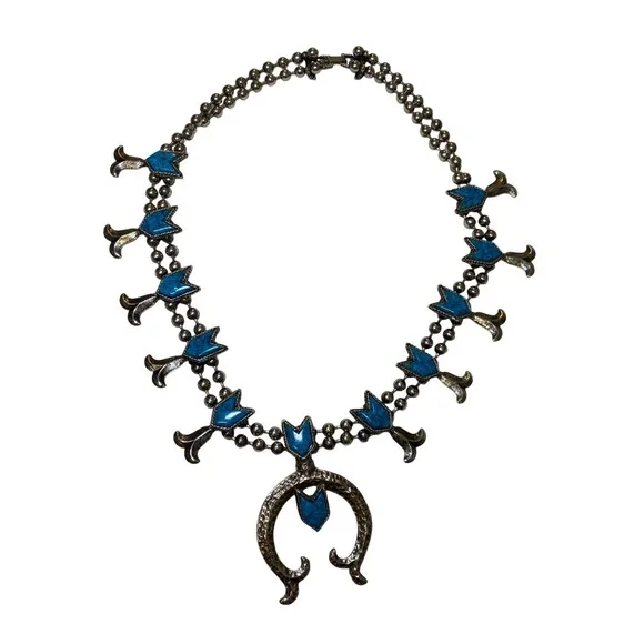 Vintage Southwestern Squash Blossom Style Necklace Turquoise Look Silver Tone‎