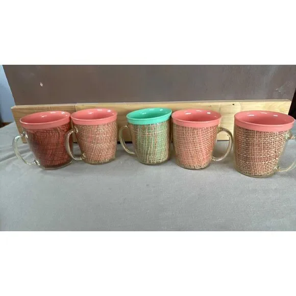 Raffia ware Melamine  Cups / Mugs set of 5 Thermo Temp insulted  Burlap Straw