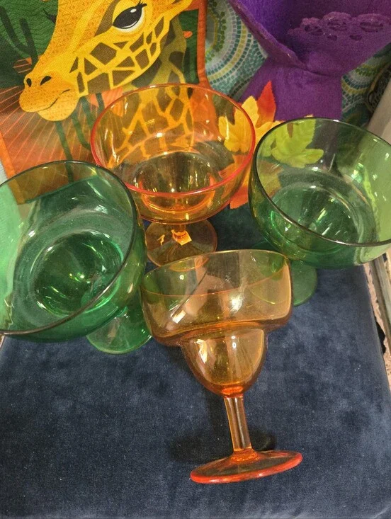 4/$15 Midnight Margaritas Colorful Retro Plastic Goblet Set Green Orange Barware