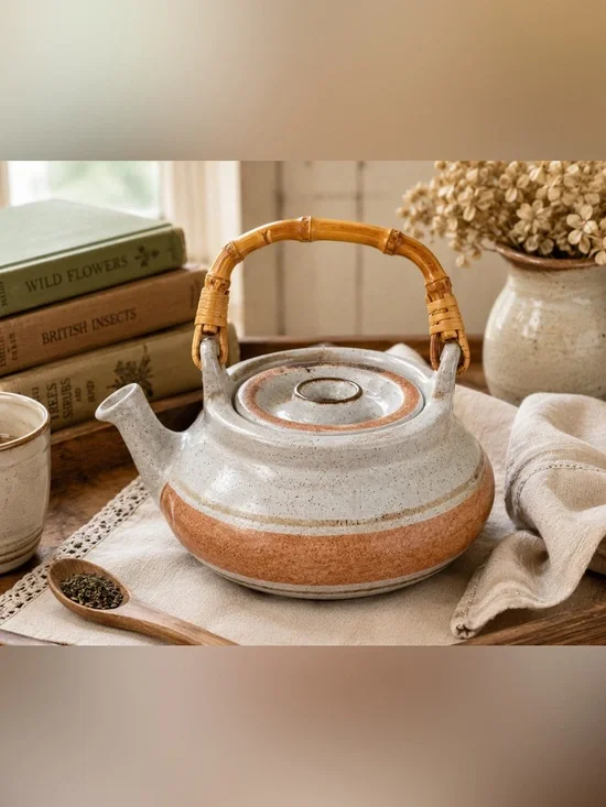 Vintage Pottery Craft USA Stoneware Teapot 4 Cup Bamboo Handle Earth Tone Rustic