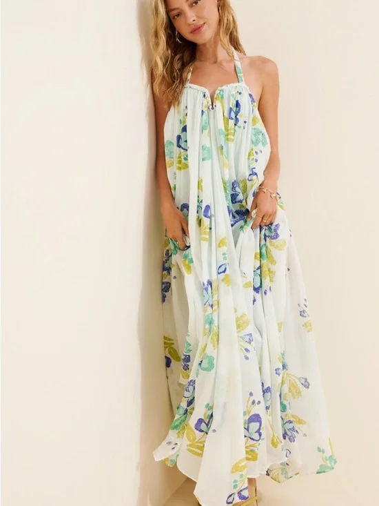 Free People Floral Fabuloso Maxi Dress Halter Open Back Flowy‎ Beach Resort Boho