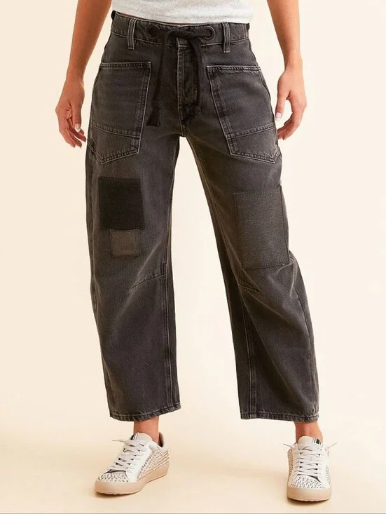 Free People Moxie Low Slung Pull-On Barrel Jeans Nighthawk Black Size 30