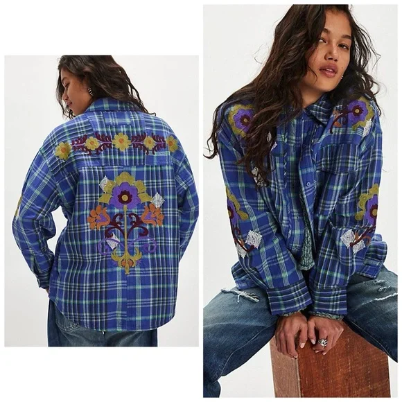 Free People Embroidered Sashiko Shirt Plaid Floral Oversized XL‎ Blue Purple