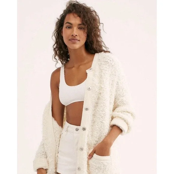 FREE PEOPLE  Boucle FUZZY SWEATER CARDIGAN Women's Size XS Oversized IVORY Boho