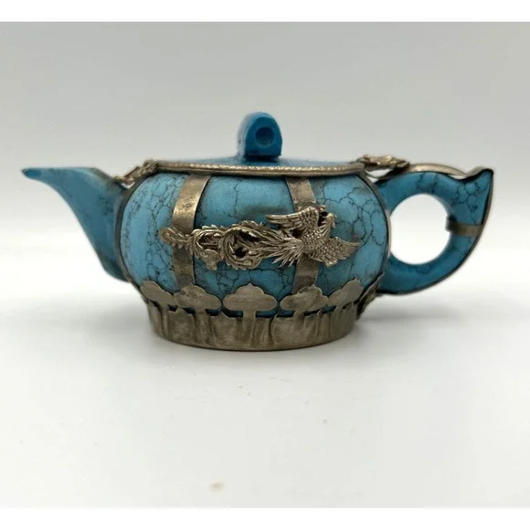 Oriental Turquoise Miniature Teapot with Silver Accents Dragon Phoenix