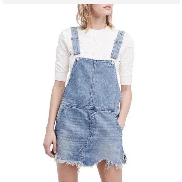 Free People Denim Overall Mini Dress Women's Size 2 Raw Hem Blue Boho Adjustable