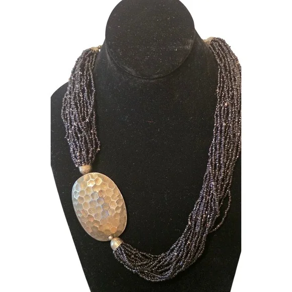 Vintage Necklace‎ Statement Black Beaded Multi-Strand Hammered Metal Pendant