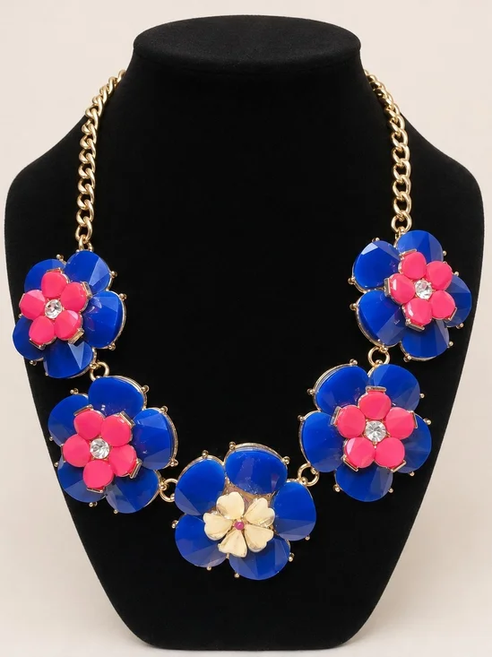 Charming Charlie Blue Pink Floral Statement Necklace Signed