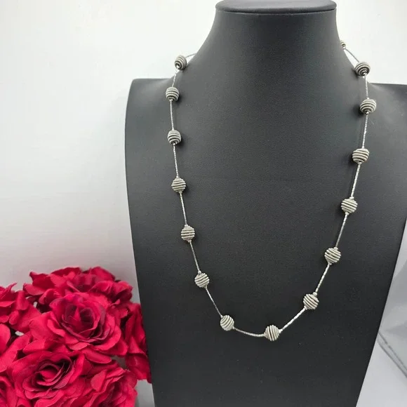 Trifari Silver Tone Station Necklace Coiled Wire Beehive Beads 24 Inch Classic